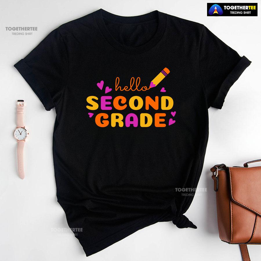 Hello Second Grade 2nd Grade Student Crayon Purple Heart Back To School T-Shirt