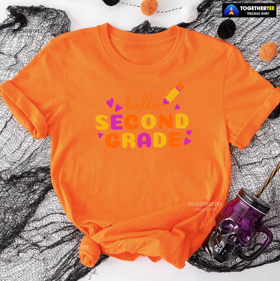 Hello Second Grade 2nd Grade Student Crayon Purple Heart Back To School T-Shirt - Image 10