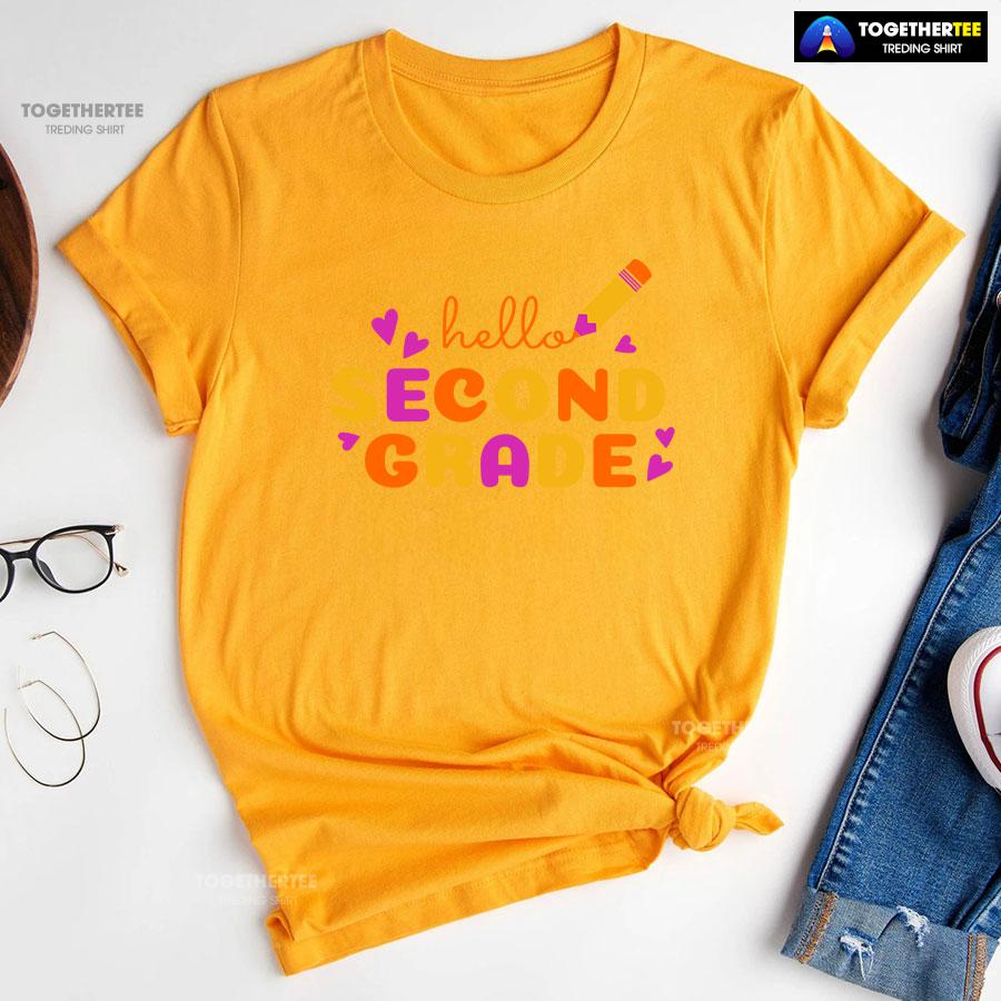 Hello Second Grade 2nd Grade Student Crayon Purple Heart Back To School T-Shirt - Image 11