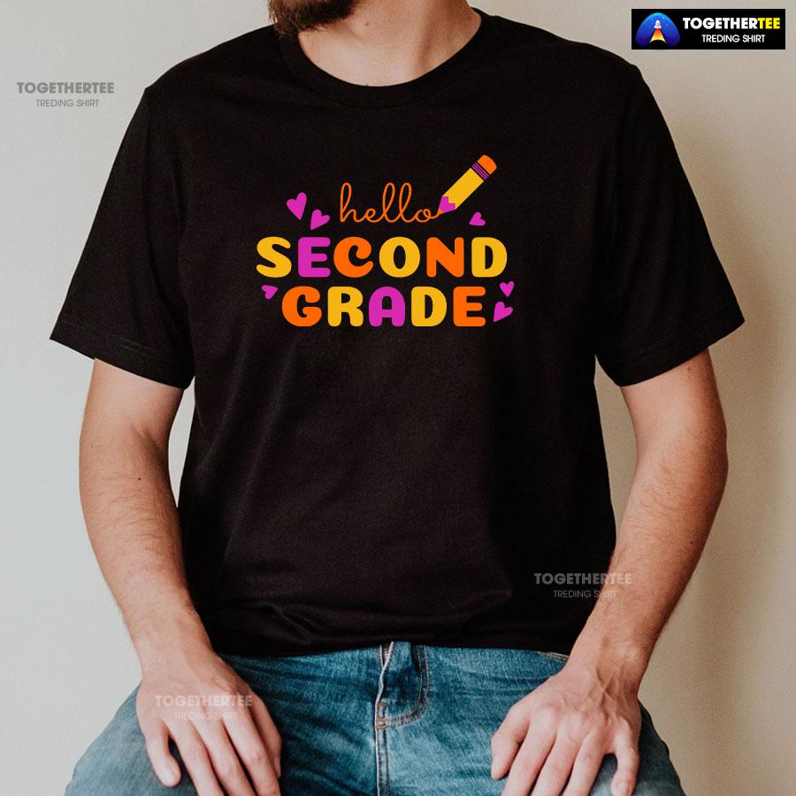 Hello Second Grade 2nd Grade Student Crayon Purple Heart Back To School T-Shirt - Image 2