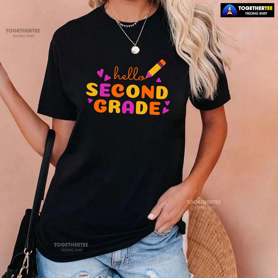 Hello Second Grade 2nd Grade Student Crayon Purple Heart Back To School T-Shirt - Image 3