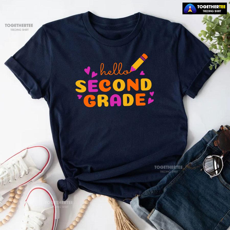 Hello Second Grade 2nd Grade Student Crayon Purple Heart Back To School T-Shirt - Image 5