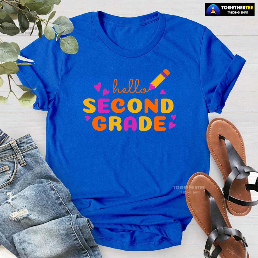 Hello Second Grade 2nd Grade Student Crayon Purple Heart Back To School T-Shirt - Image 6