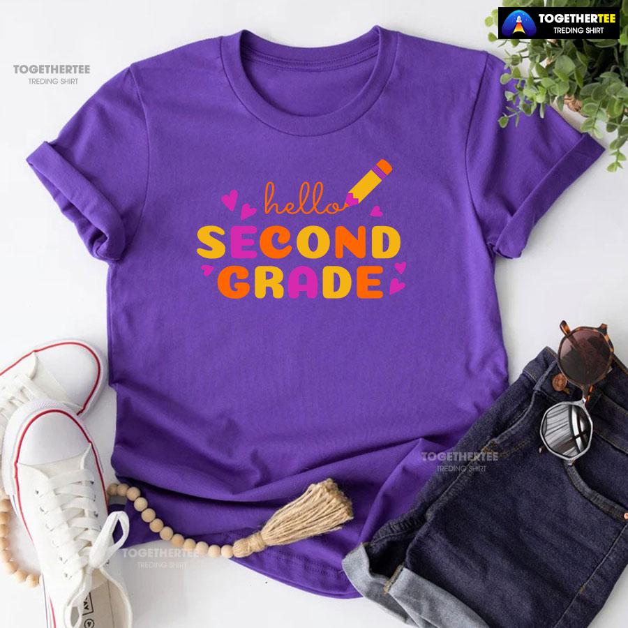 Hello Second Grade 2nd Grade Student Crayon Purple Heart Back To School T-Shirt - Image 7