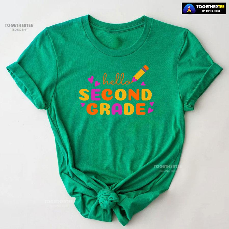 Hello Second Grade 2nd Grade Student Crayon Purple Heart Back To School T-Shirt - Image 9