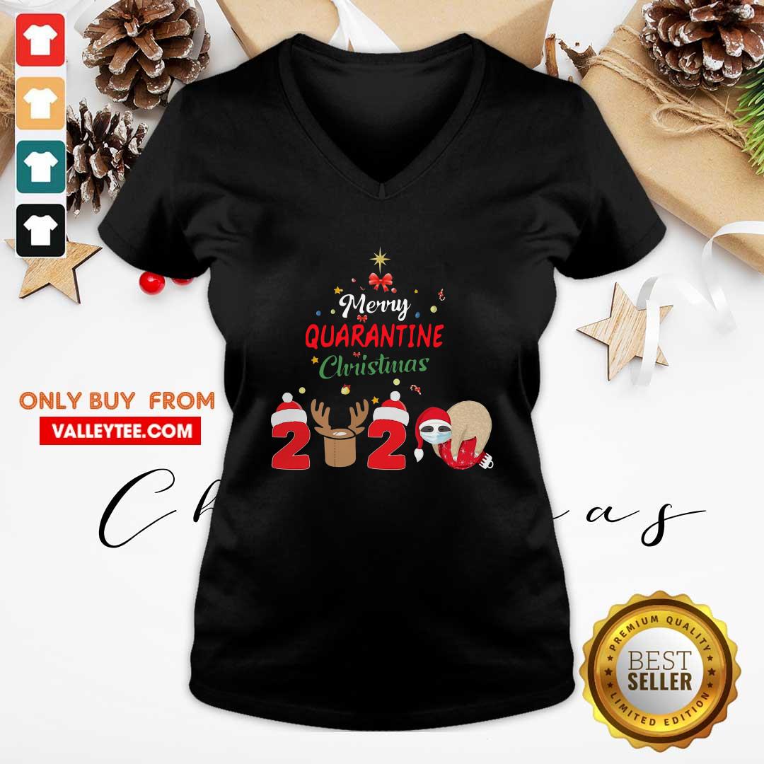 Cute Merry Quarantine Christmas 2020 Sloth Hat Santa Christmas Shirt - Image 4
