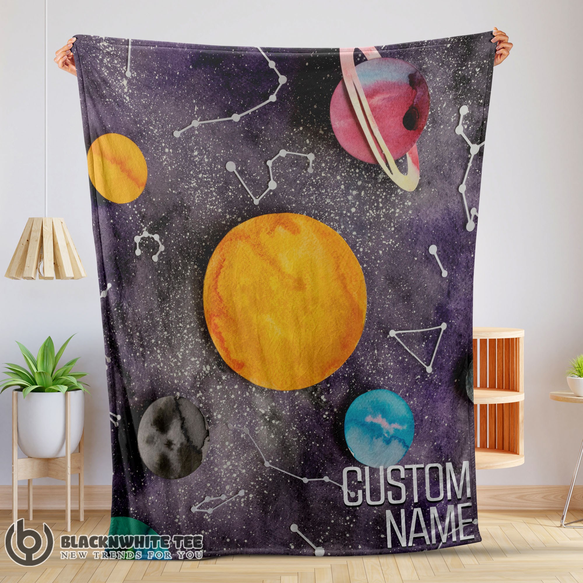 Awesome Good Outer Space Galaxy Watercolor Planets & Stars Blanket Fleece Customized Blanket