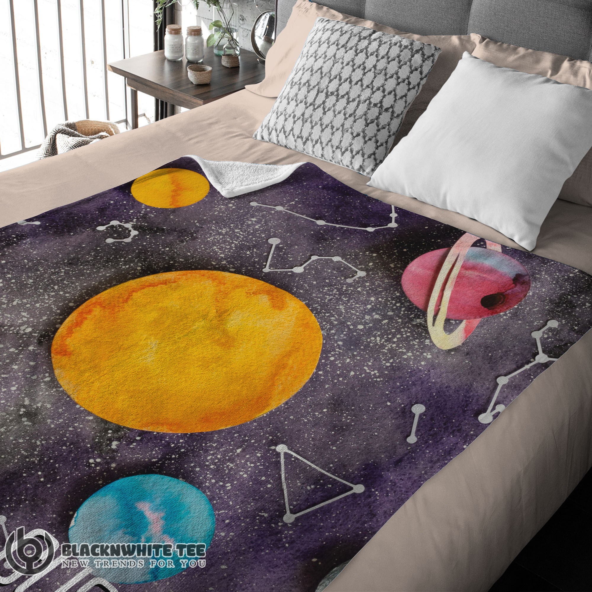 Awesome Good Outer Space Galaxy Watercolor Planets & Stars Blanket Fleece Customized Blanket - Image 3