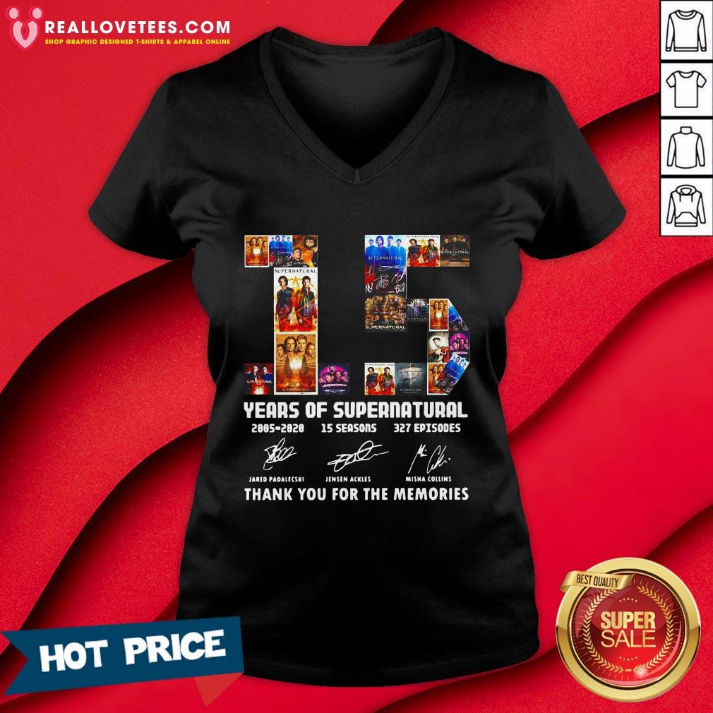 So 15 Years Of Supernatural 2005 2020 15 Seasons 327 Episodes Thank You For The Memories Signatures Shirt - Image 5