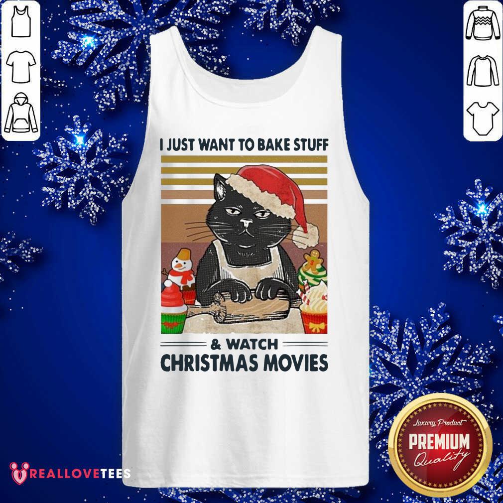 Lovely Black Cat I Just Want To Bake Stuff And Watch Christmas Movie Vintage Shirt - Image 2