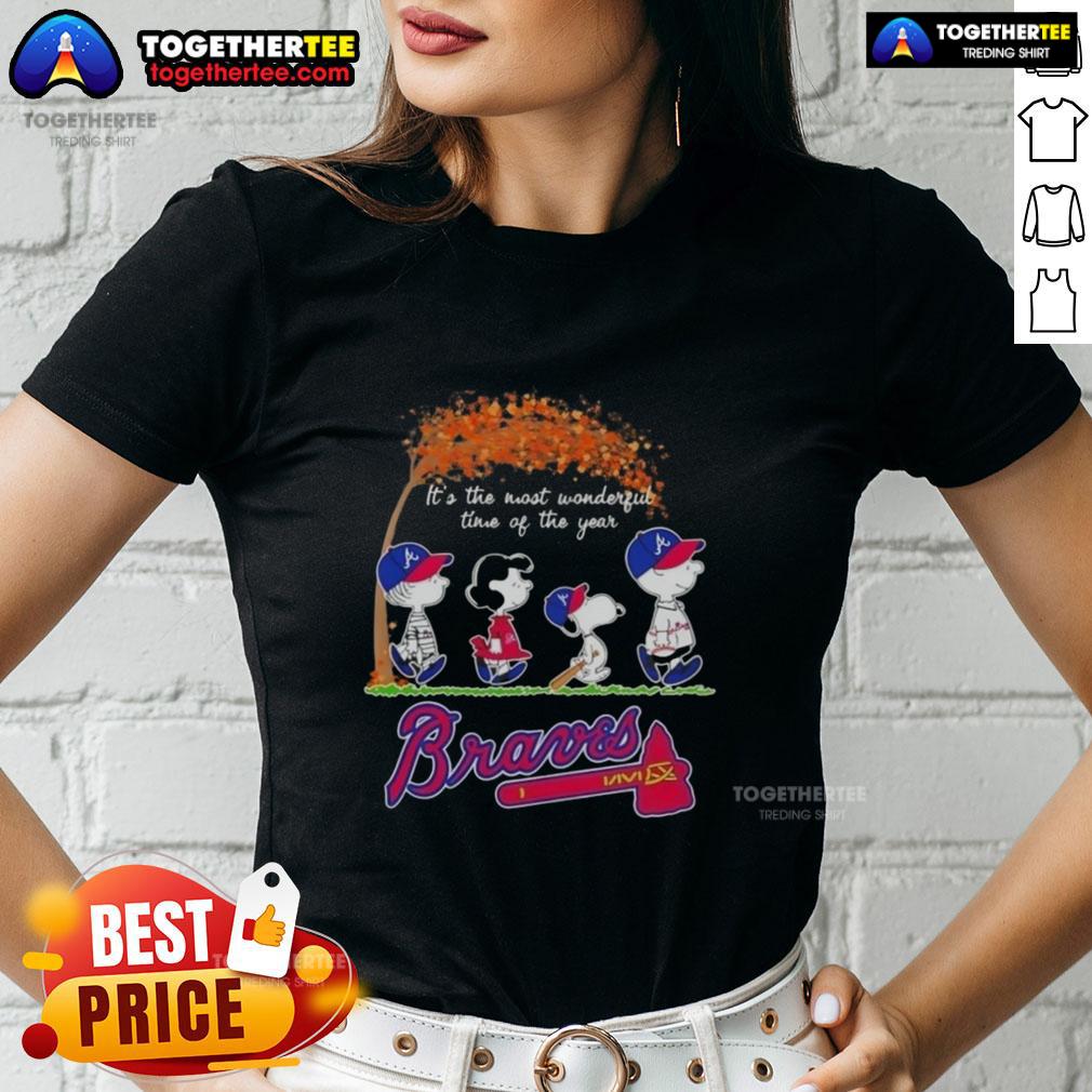 Happy Atlanta Braves X Peanuts Snoopy And Friends Autumn It's The Most Wonderful Time Of The Year T-Shirt - Image 3