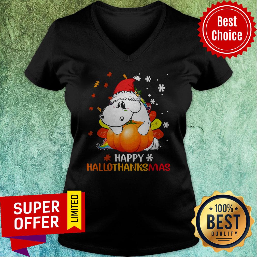 Happy Hallo Thanks Mas Senior Hug Pumpkin Wear Noel Hat Shirt - Image 4