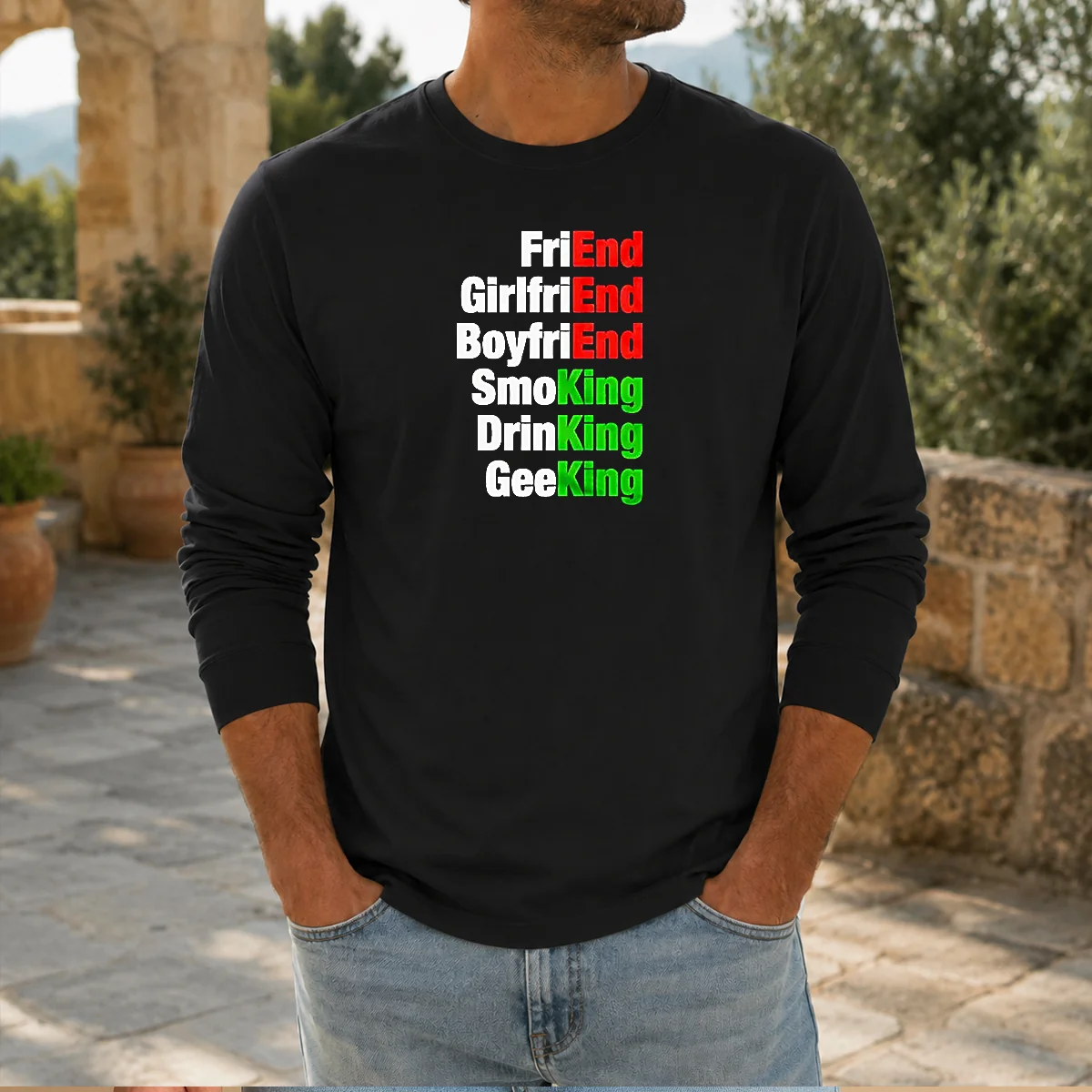 Good Friend Girlfriend Boyfriend Smoking Drinking Geeking Wordplay Text Shirt - Image 5