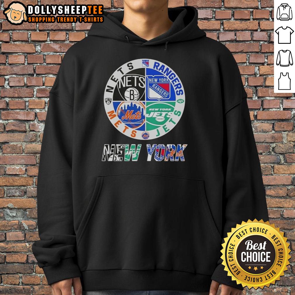 Good New York City Sports Nets Rangers Jets Mets Logos Combine T-Shirt - Image 2