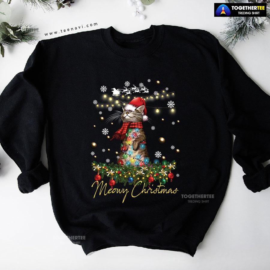 Meowy Christmas X’mas Tree Santa Cat Sweatshirt - Image 4