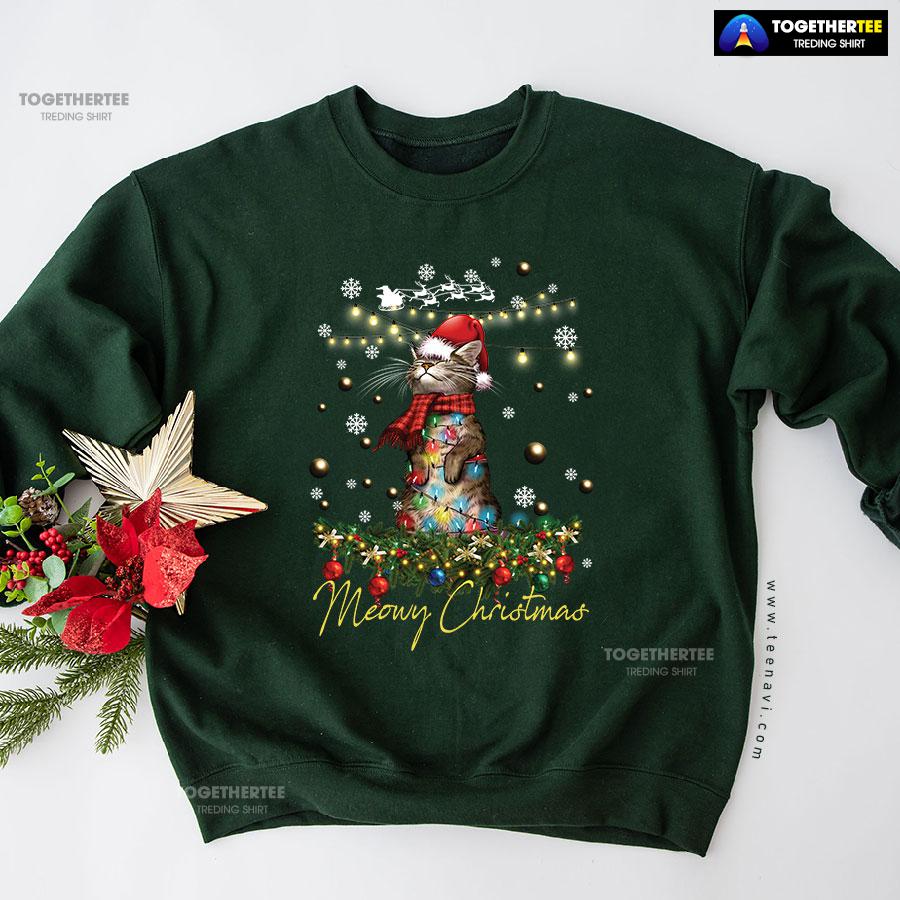 Meowy Christmas X’mas Tree Santa Cat Sweatshirt - Image 5