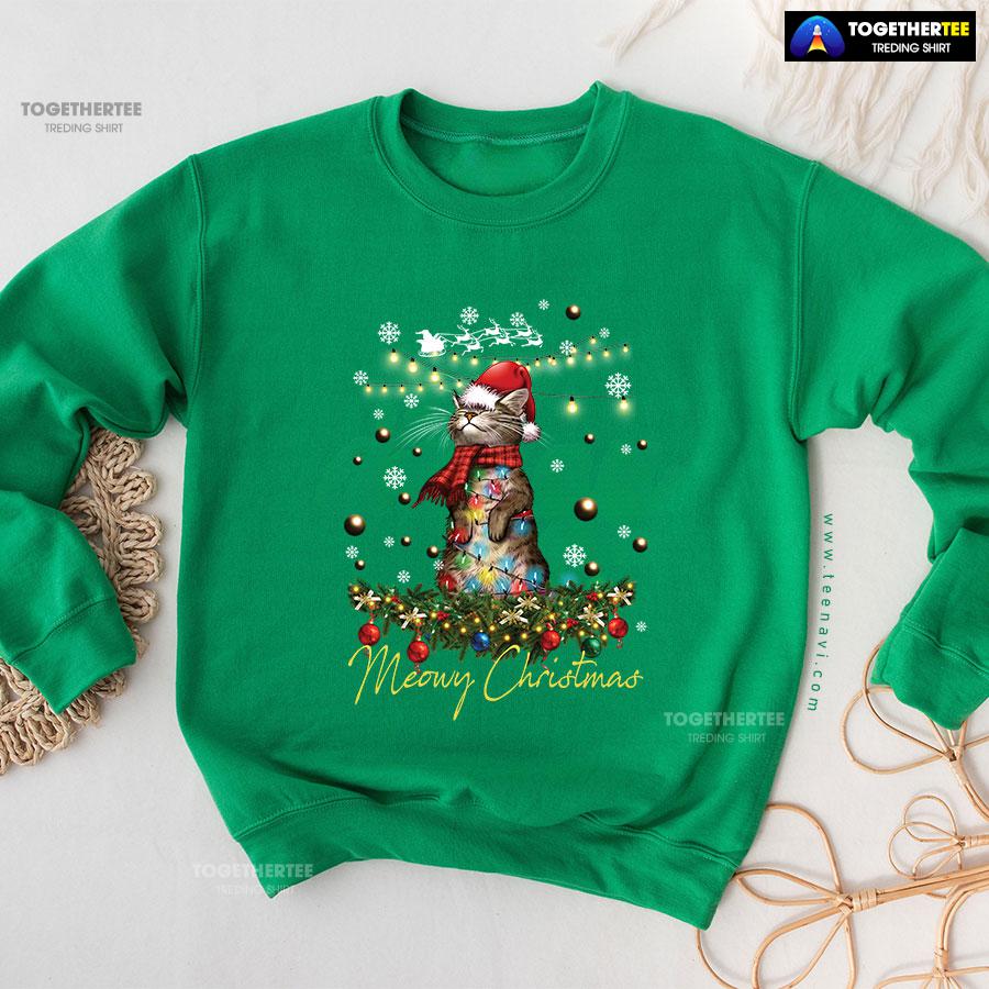 Meowy Christmas X’mas Tree Santa Cat Sweatshirt - Image 7