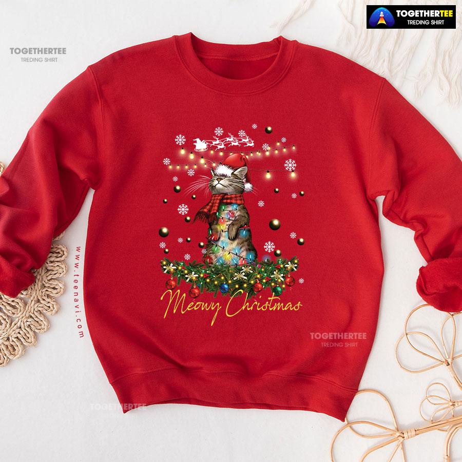 Meowy Christmas X’mas Tree Santa Cat Sweatshirt - Image 8