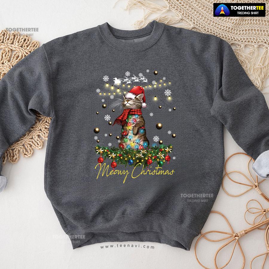 Meowy Christmas X’mas Tree Santa Cat Sweatshirt - Image 9