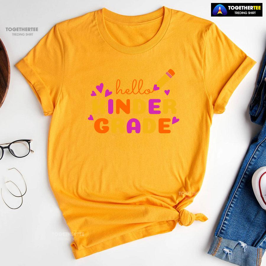 Hello Kinder Grade Kindergarten Student Crayon Purple Heart Back To School T-Shirt - Image 11