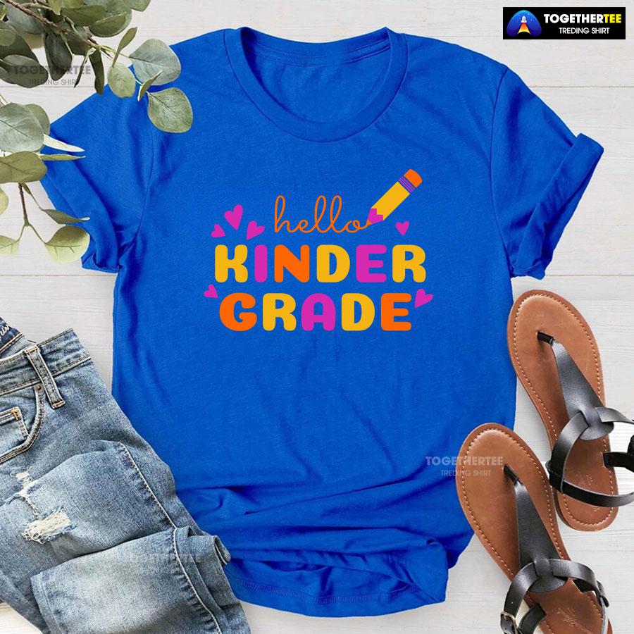 Hello Kinder Grade Kindergarten Student Crayon Purple Heart Back To School T-Shirt - Image 6