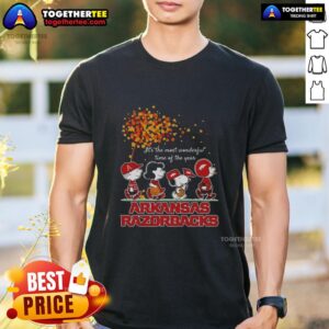Premium Snoopy And Friends Arkansas Razorbacks It's The Most Wonderful Time Of The Year Autumn T-Shirt