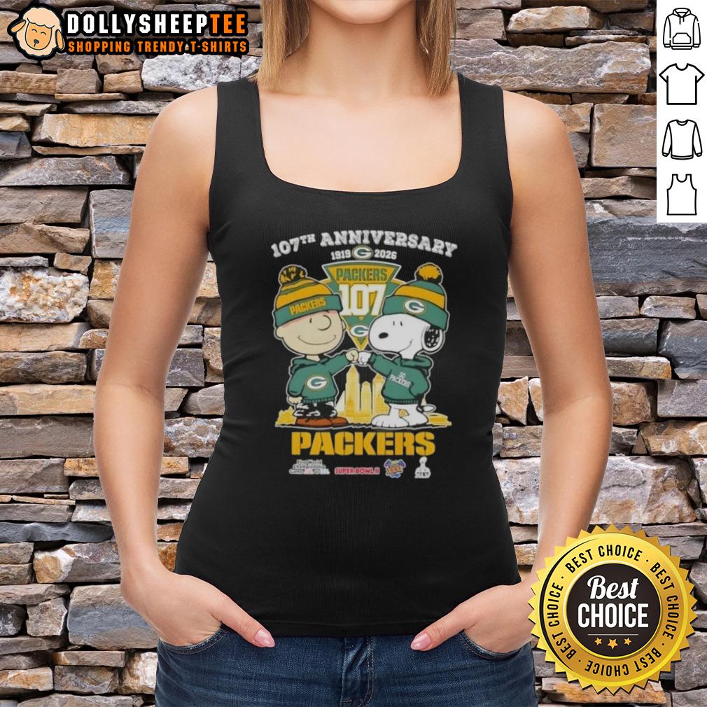 Hot Charlie Brown And Snoopy 107th Anniversary 1919 2026 Green Bay Packers Football Skyline T-Shirt - Image 4
