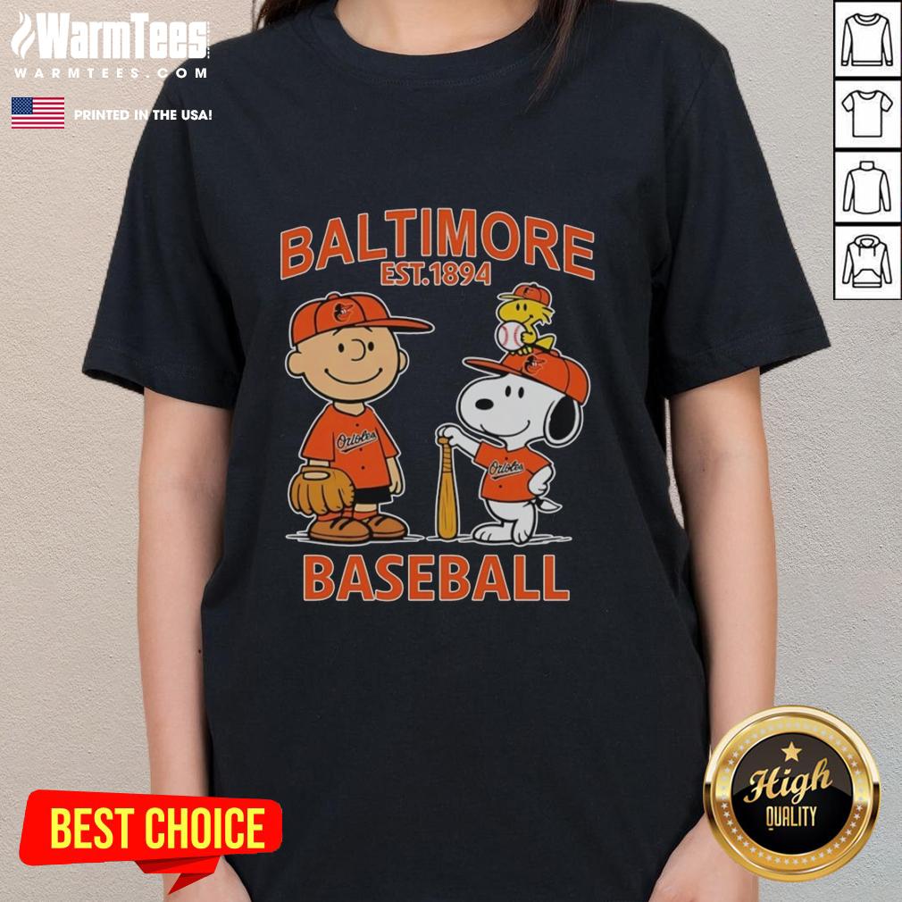 Cute Charlie Brown Snoopy And Woodstock With Baltimore Orioles Baseball Jersey Est 1894 T-Shirt - Image 3