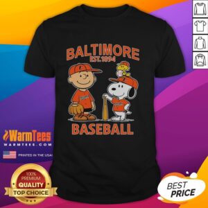Cute Charlie Brown Snoopy And Woodstock With Baltimore Orioles Baseball Jersey Est 1894 T-Shirt