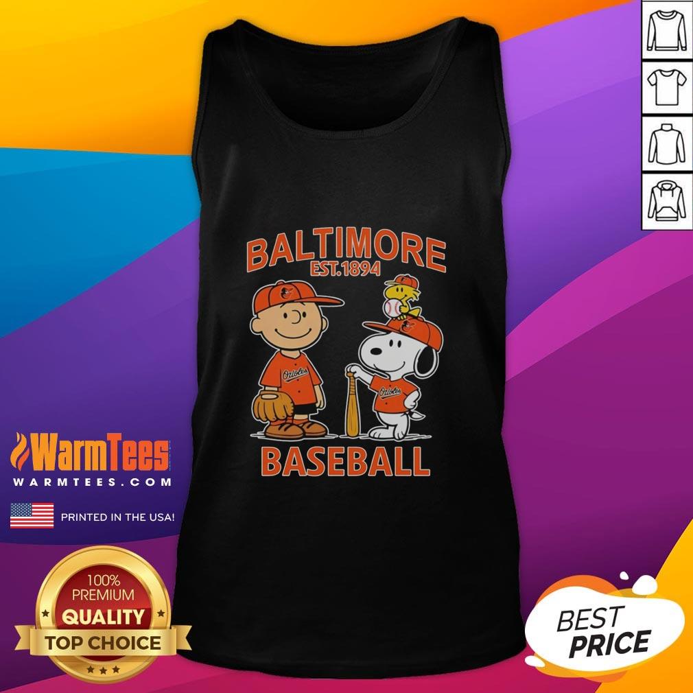 Cute Charlie Brown Snoopy And Woodstock With Baltimore Orioles Baseball Jersey Est 1894 T-Shirt - Image 4