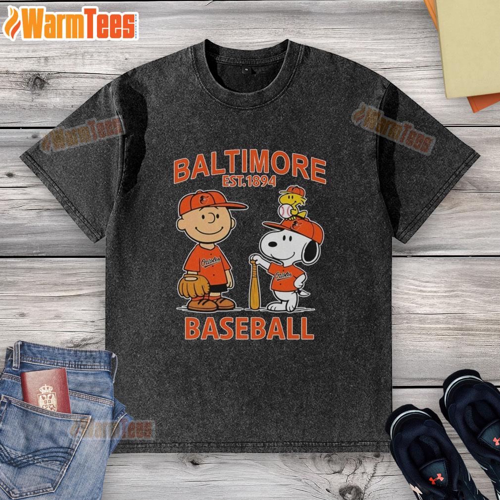 Cute Charlie Brown Snoopy And Woodstock With Baltimore Orioles Baseball Jersey Est 1894 T-Shirt - Image 6