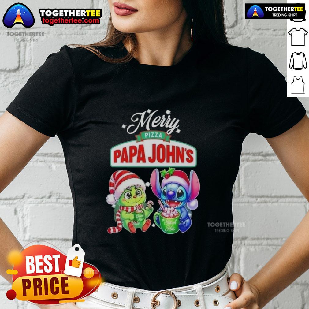 Cute Baby Grinch And Stitch X Pizza Papa John's Merry Christmas T-Shirt - Image 3