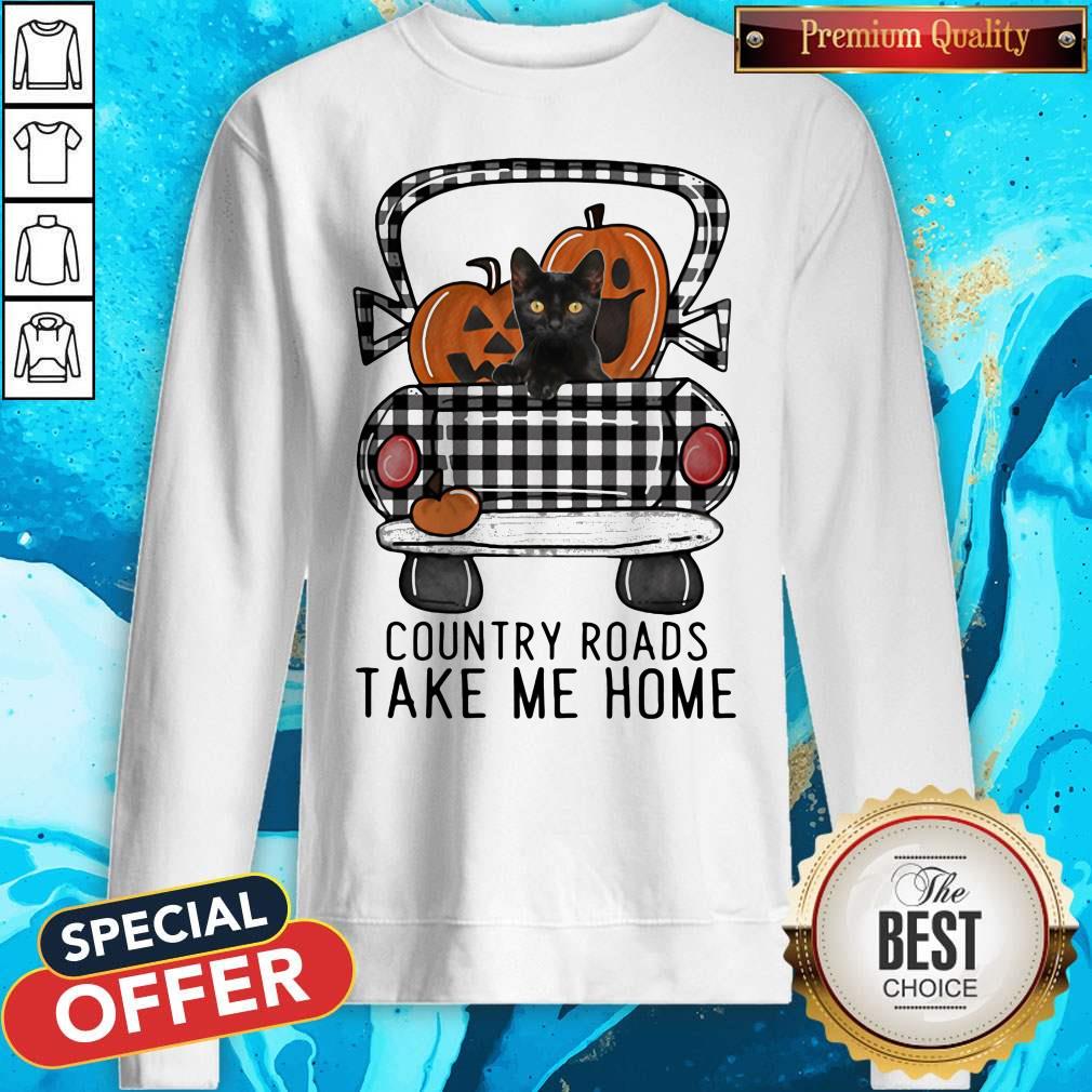Country Roads Take Me Home Pumpkin Cat Halloween Shirt - Image 5