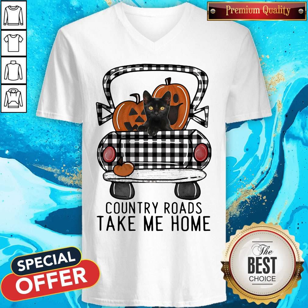 Country Roads Take Me Home Pumpkin Cat Halloween Shirt - Image 3