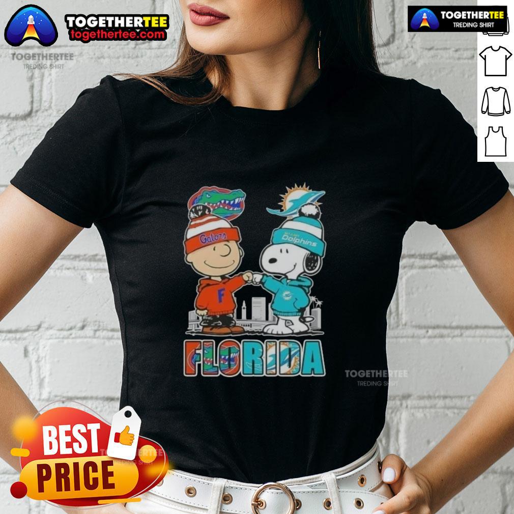 Cute Charlie Brown And Snoopy Florida Gators And Miami Dolphins Skyline T-Shirt - Image 3