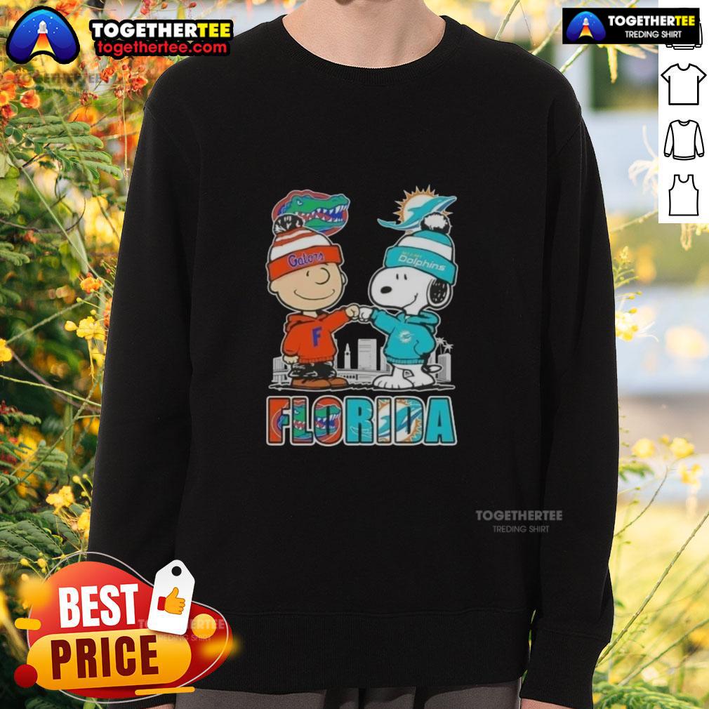 Cute Charlie Brown And Snoopy Florida Gators And Miami Dolphins Skyline T-Shirt - Image 5