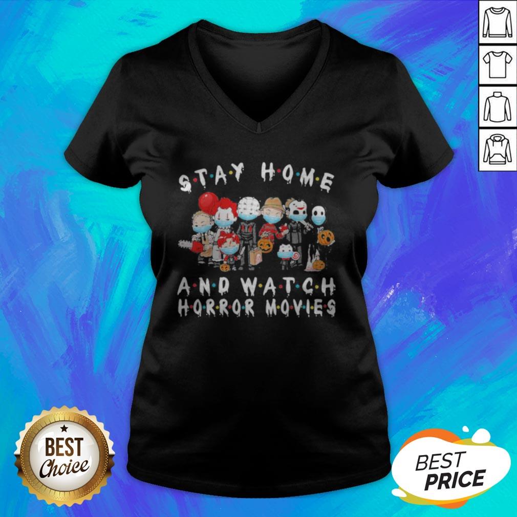 Halloween Horror Characters Mask Stay Home And Watch Horror Movies Shirt - Image 4