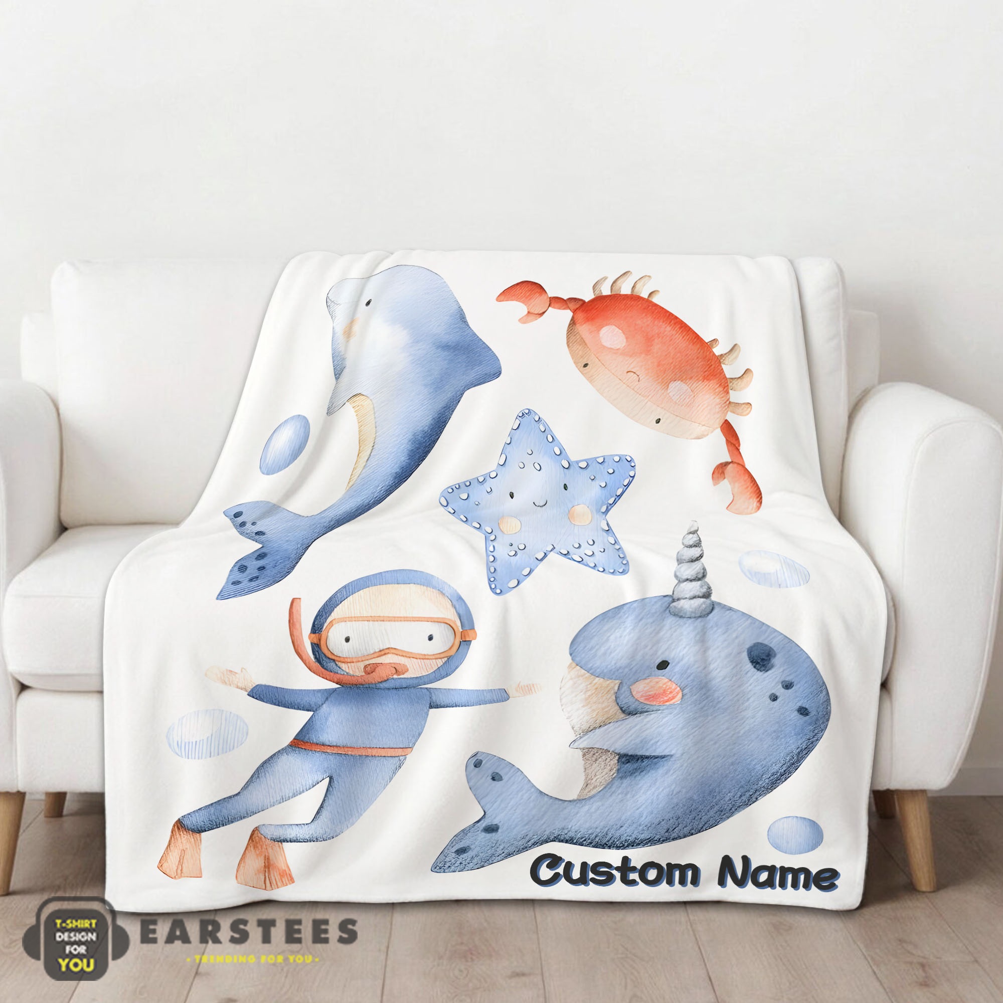 Good Sea's Treasures Narwhal Dolphin Crab Starfish Scuba Divers Blanket Fleece Customized Blanket - Image 2