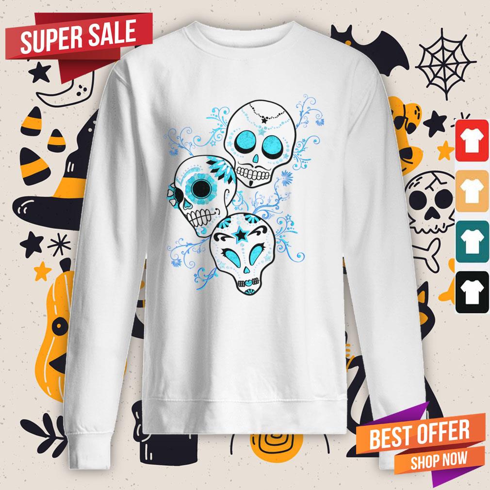Vintage Sugar Skull Blue Day Of Dead Dia De Muertos Shirt - Image 4