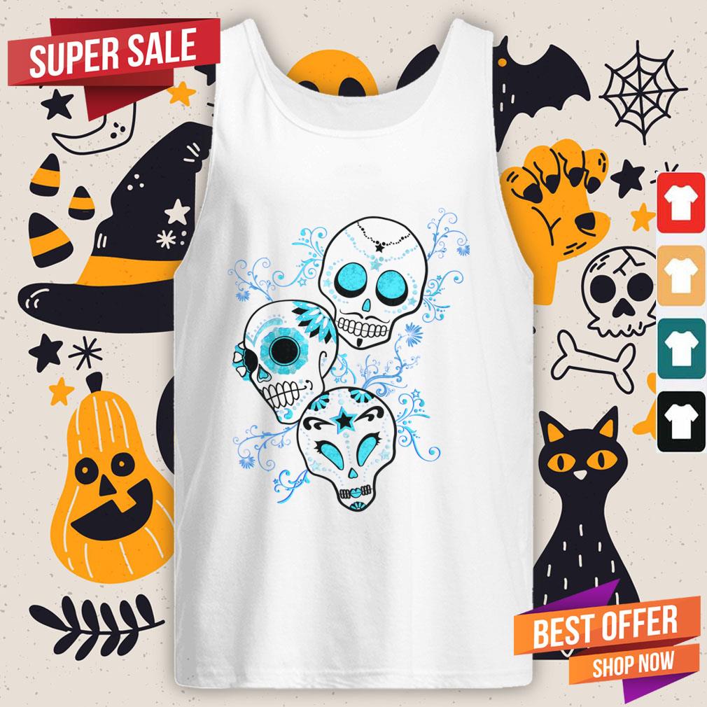 Vintage Sugar Skull Blue Day Of Dead Dia De Muertos Shirt - Image 3