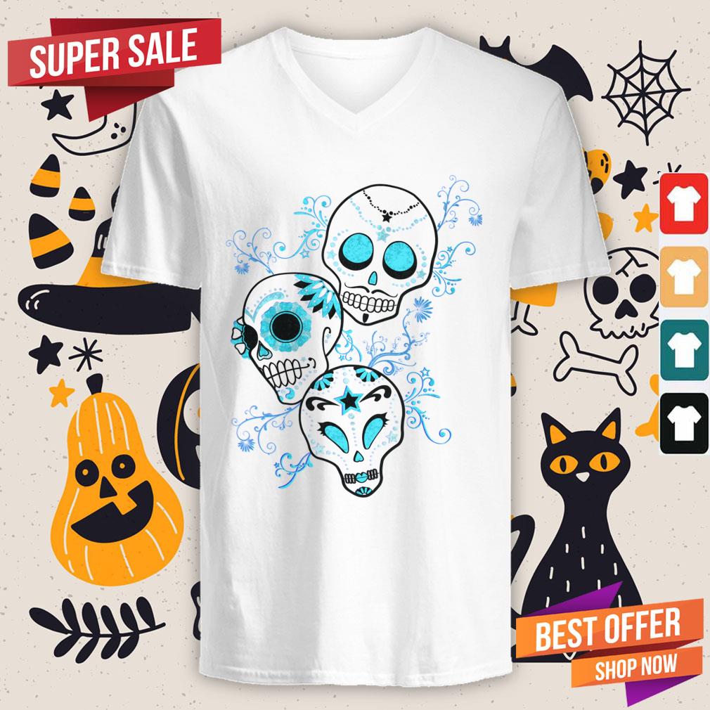 Vintage Sugar Skull Blue Day Of Dead Dia De Muertos Shirt - Image 2