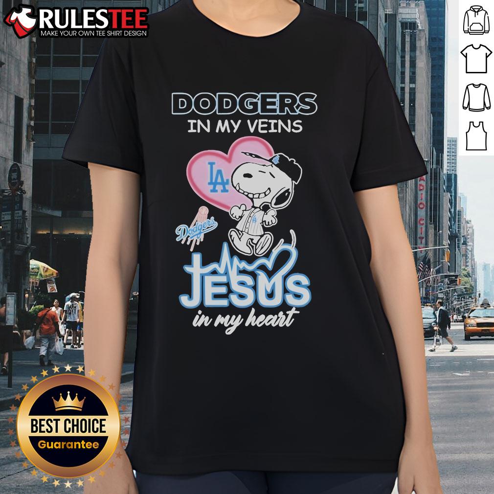 Nice Snoopy The Peanuts Los Angeles Dodgers In My Veins Jesus In My Heart T-Shirt - Image 3