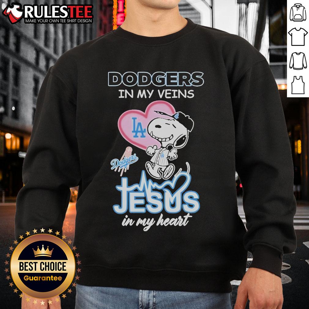 Nice Snoopy The Peanuts Los Angeles Dodgers In My Veins Jesus In My Heart T-Shirt - Image 5