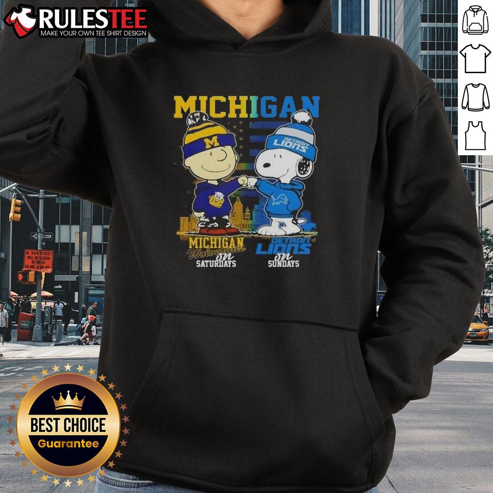 Cute Michigan Sports Charlie Brown Wolverines On Saturdays X Snoopy Detroit Lions On Sundays Skyline T-Shirt - Image 2