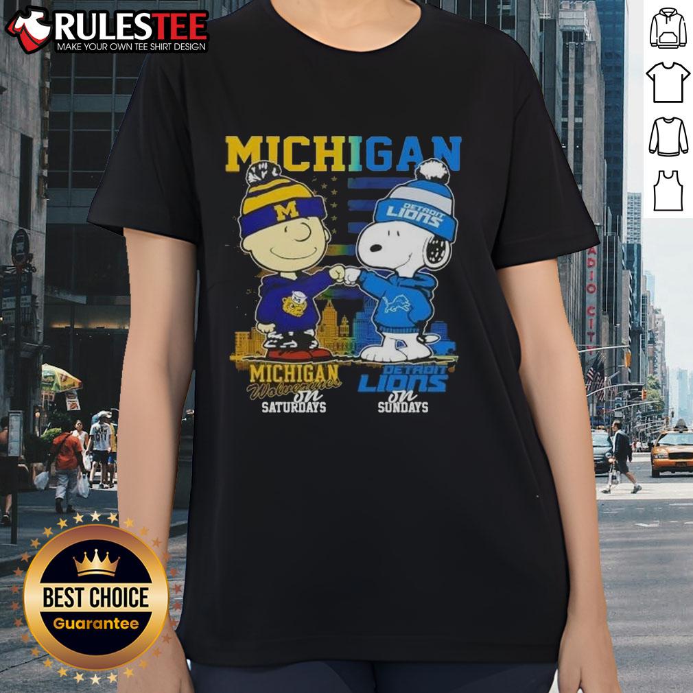 Cute Michigan Sports Charlie Brown Wolverines On Saturdays X Snoopy Detroit Lions On Sundays Skyline T-Shirt - Image 3
