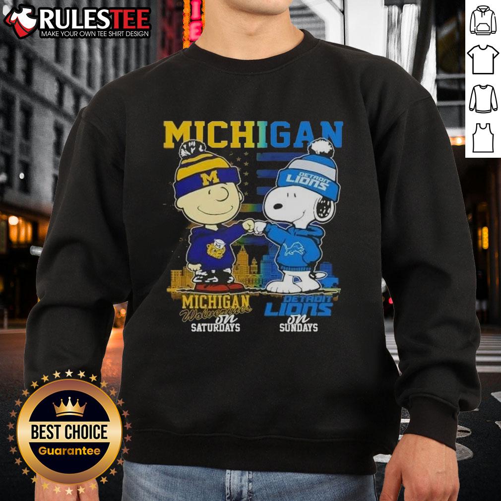 Cute Michigan Sports Charlie Brown Wolverines On Saturdays X Snoopy Detroit Lions On Sundays Skyline T-Shirt - Image 5