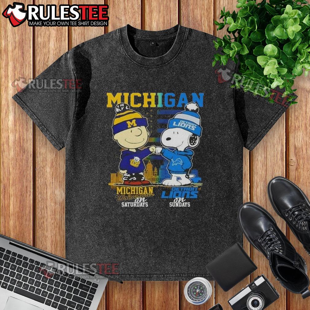 Cute Michigan Sports Charlie Brown Wolverines On Saturdays X Snoopy Detroit Lions On Sundays Skyline T-Shirt - Image 6