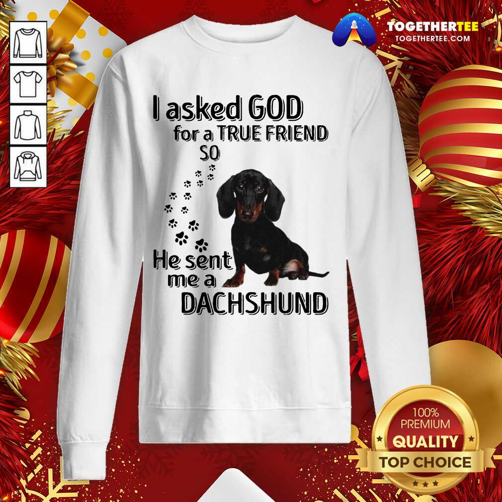 Great I Asked God For A True Friend So He Sent Me A Dachshund Us 2020 T-Shirt - Image 4