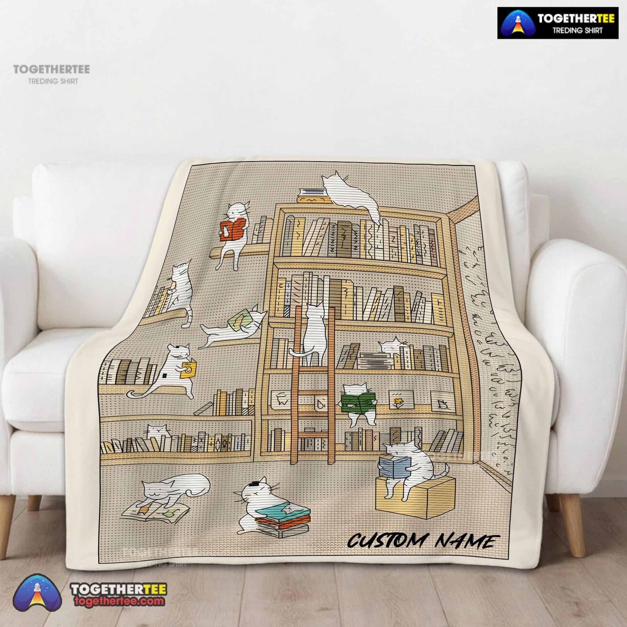 Official Cute Vintage Minimalist Cat Book Reading Blanket Fleece Customized Blanket - Image 2