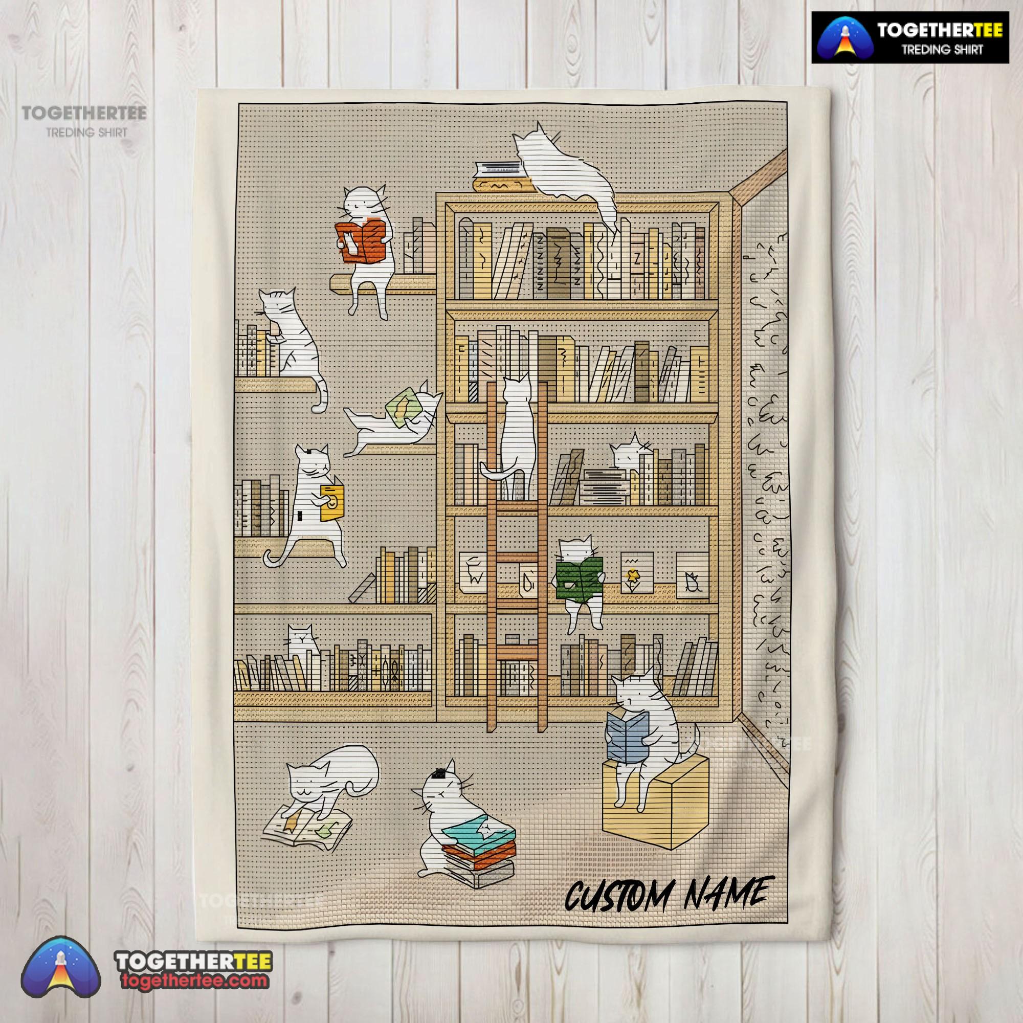 Official Cute Vintage Minimalist Cat Book Reading Blanket Fleece Customized Blanket